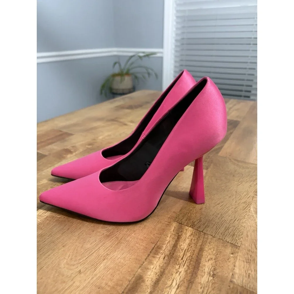 Zara Fuscia Hot  Pink Satin High Heels Pointed Toe Love Pumps Shoes Sz 37/US 6.5